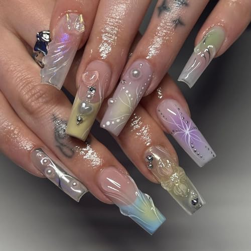 Press on Nails DX Grandway Coffin Long Square Nail Tips 3D Butterfly Bowknot - Easy Apply in 12 sizes - 24pcs