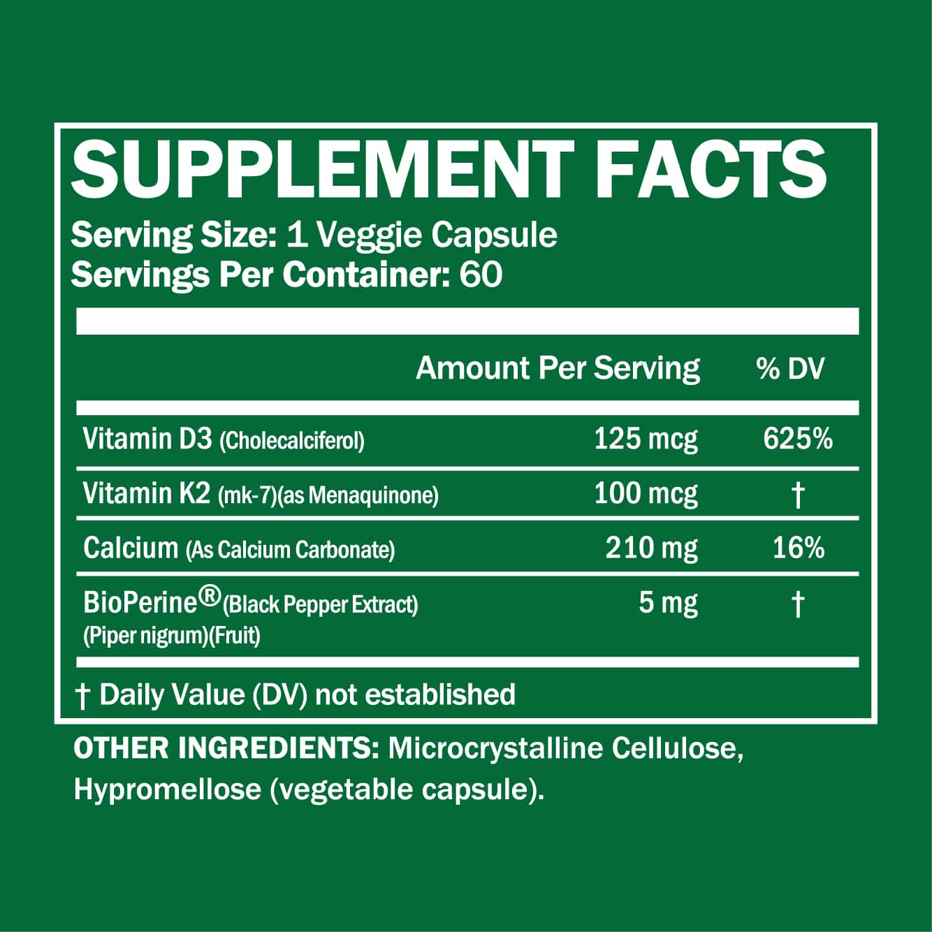 High Potency Vitamin D3 + K2 Supplement 60 Capsules