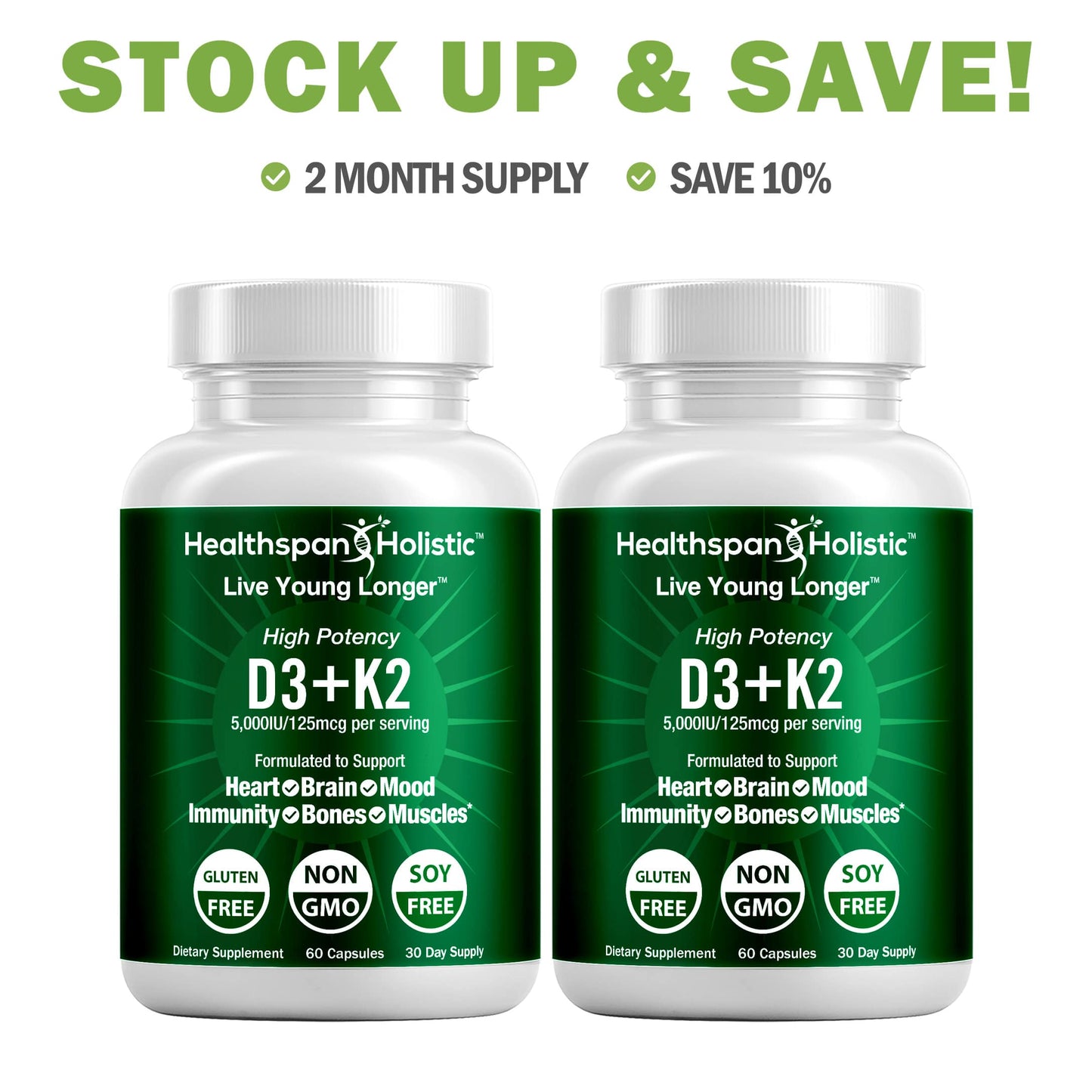 High Potency Vitamin D3 + K2 Supplement 60 Capsules