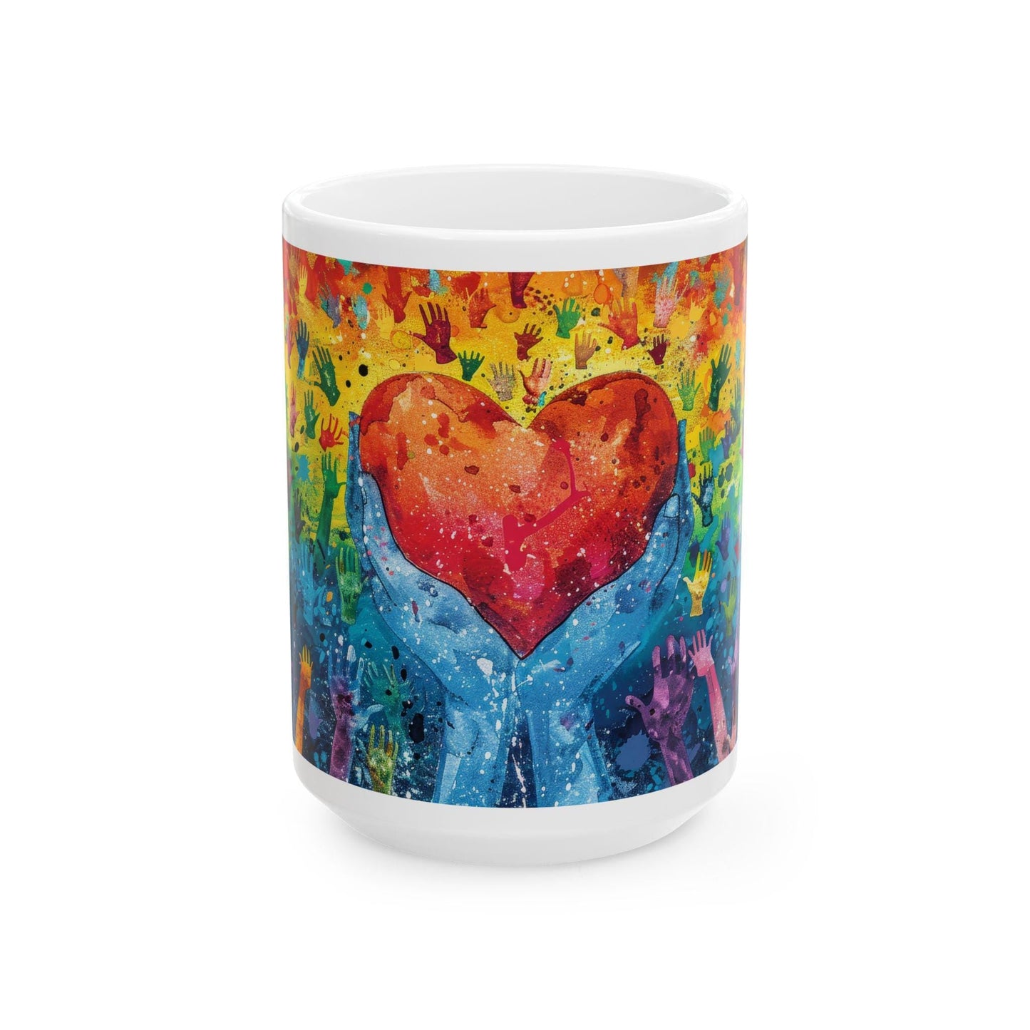 Rainbow Hands Coffee Cup | 15 oz Ceramic Mug | Love Unity Kindness Gift