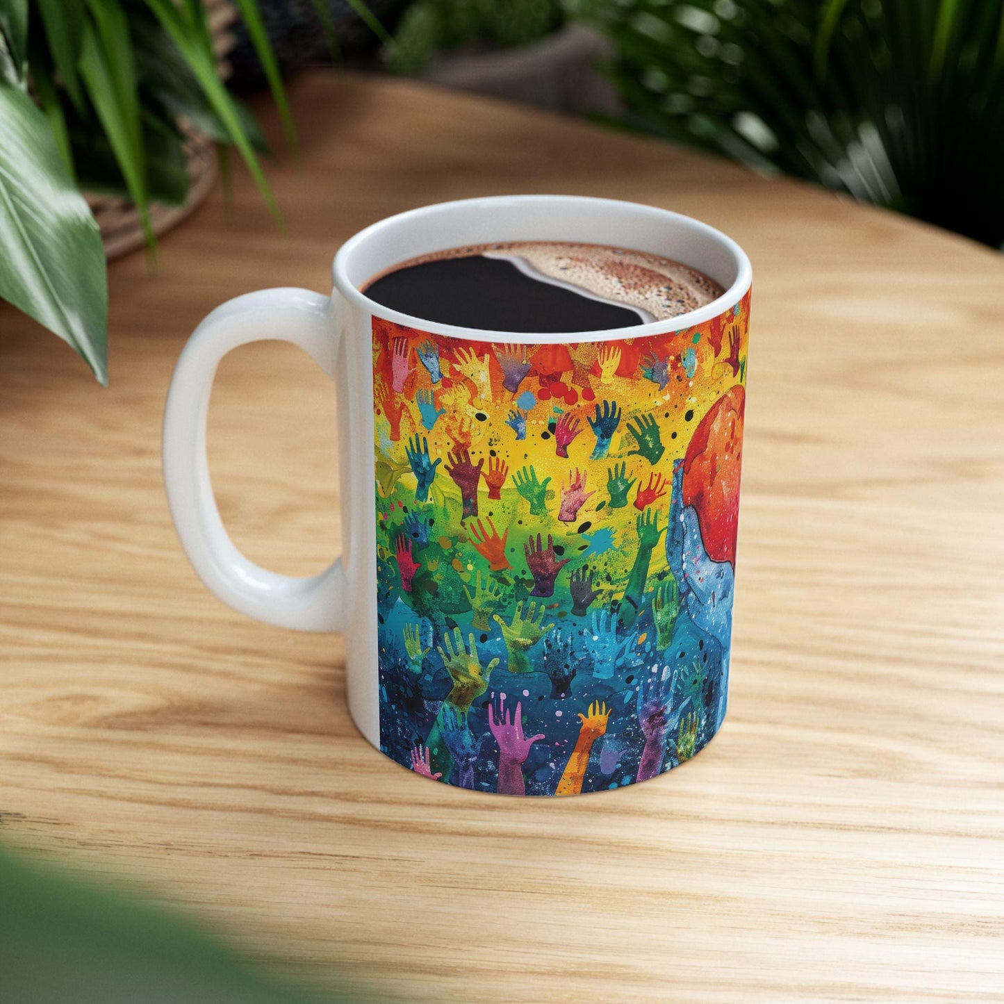 Rainbow Hands Coffee Cup | 15 oz Ceramic Mug | Love Unity Kindness Gift