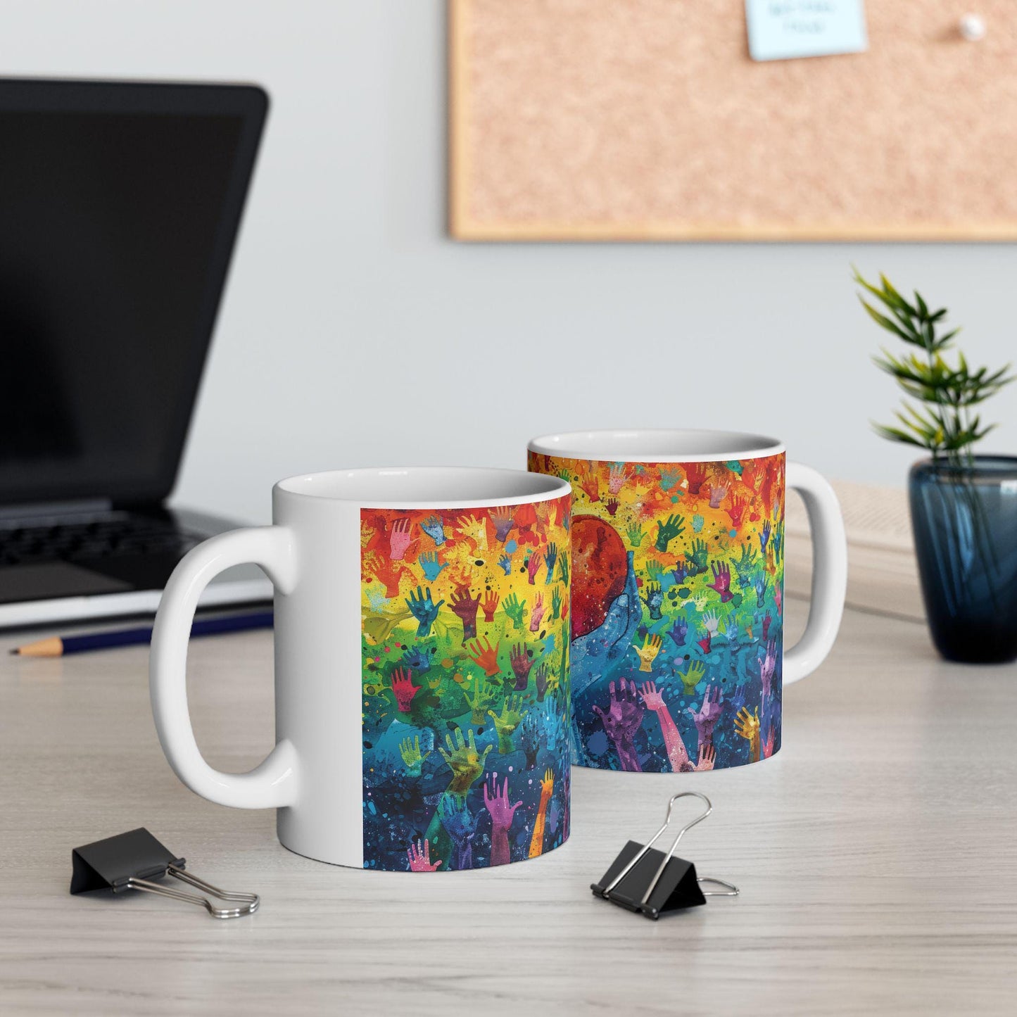 Rainbow Hands Coffee Cup | 15 oz Ceramic Mug | Love Unity Kindness Gift