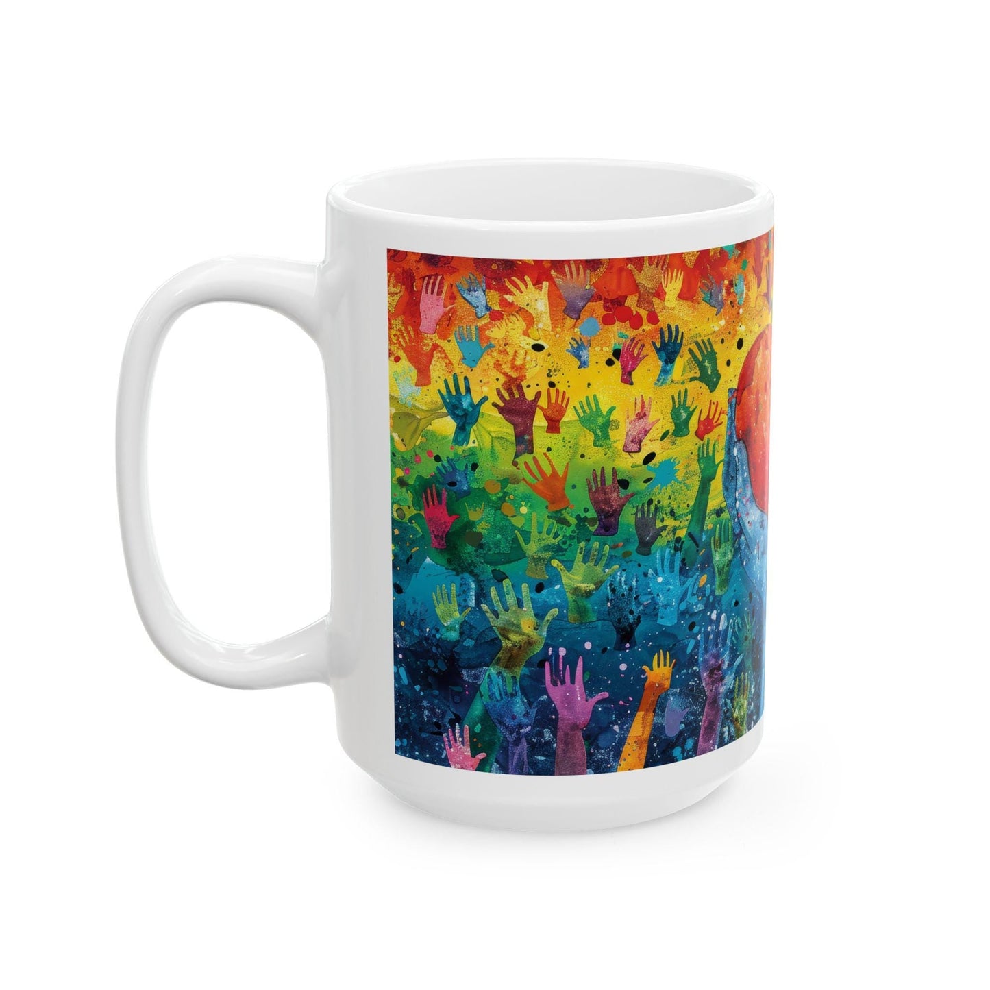 Rainbow Hands Coffee Cup | 15 oz Ceramic Mug | Love Unity Kindness Gift