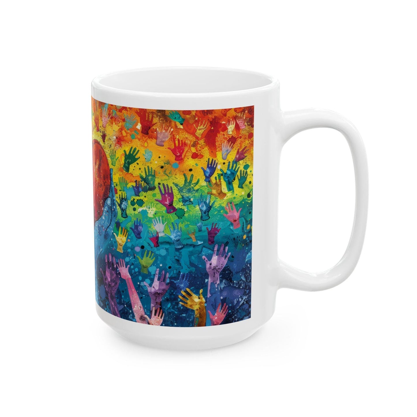Rainbow Hands Coffee Cup | 15 oz Ceramic Mug | Love Unity Kindness Gift